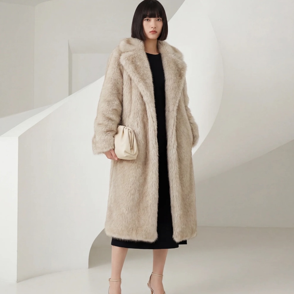 Long Faux Fur Coat in Light Beige